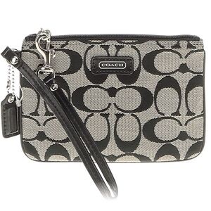 Coach Black Beige Signature Logo Canvas Leather Wristlet Women’s Handbag